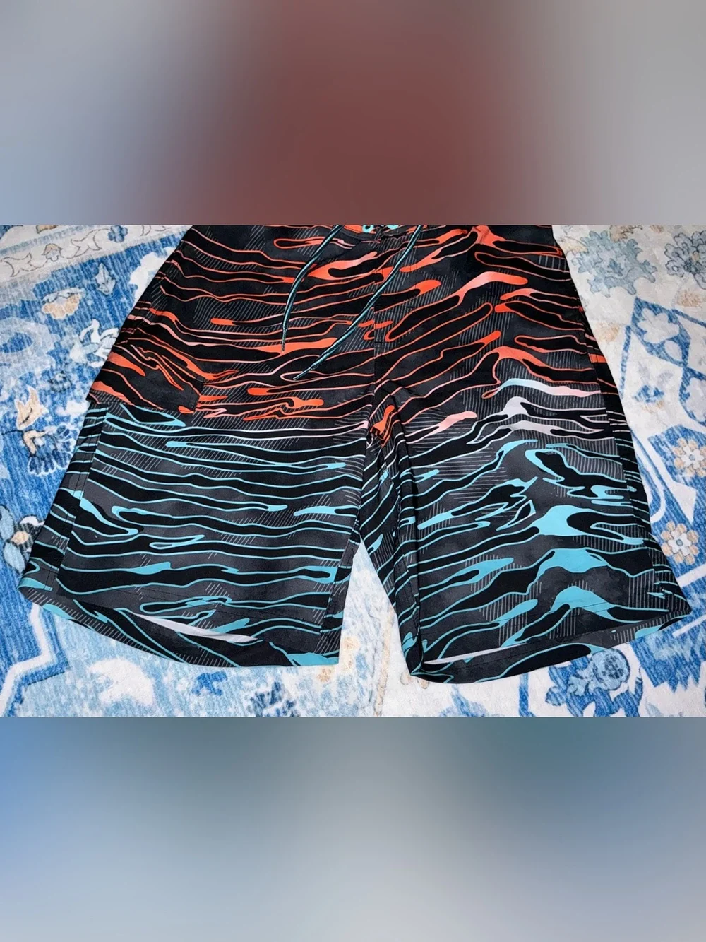 George Black and Coral Striped Swim Trunks